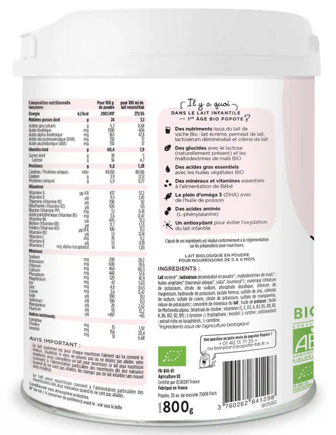 Lait BIO 1er âge 0 à 6 mois Popote - Blossom Care