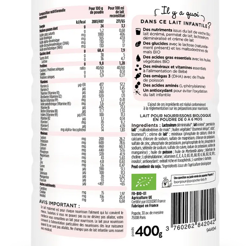 Lait BIO 1er âge 0 à 6 mois Popote - Blossom Care