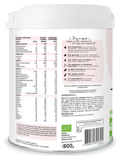 Lait BIO 2ème âge dès 6 mois Popote - Blossom Care