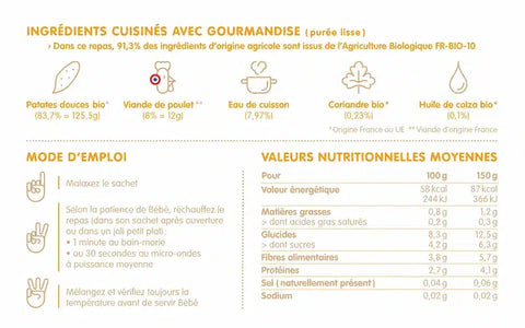Mon mouliné de patates douces et poulet 6 mois 150g Happylal Baby