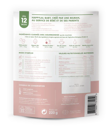 Mon méli-mélo de petit pois et dinde 12 mois 220g Happylal Baby - Blossom Care