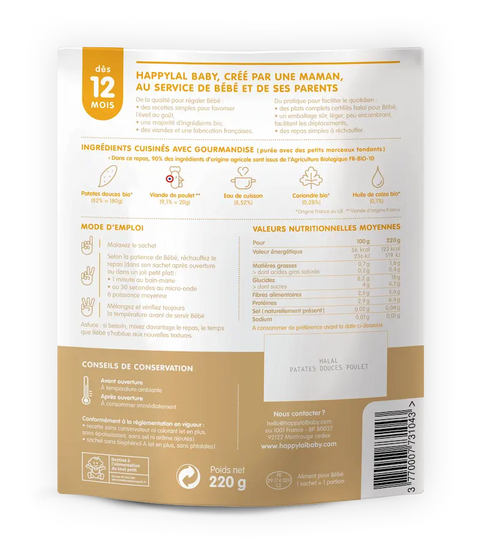 Mon mouliné de patates douces et poulet 12 mois 220g Happylal Baby - Blossom Care