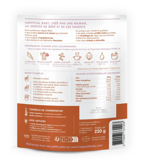 Mon duo de carottes - lentilles corail et bœuf 12 mois 220g Happylal Baby - Blossom Care