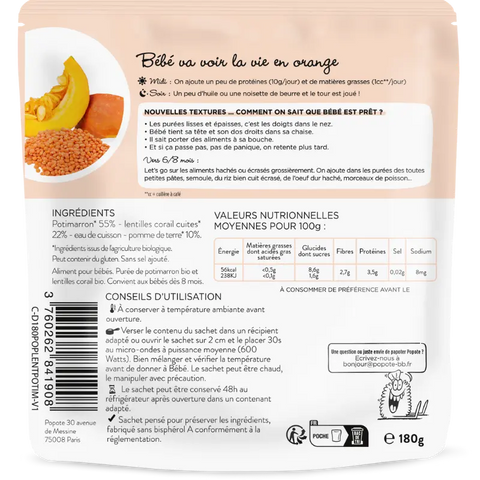 Les Moulinés Potimarron Lentilles Corail Bio 8 mois 180g Popote - Blossom Care