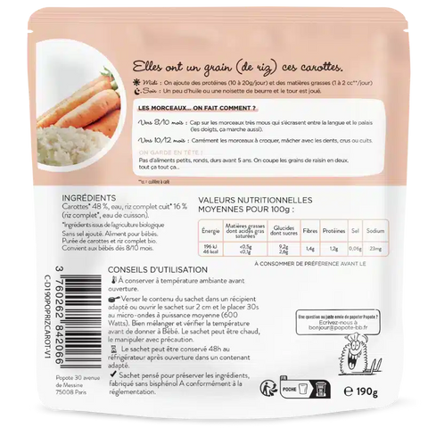 Les Petits Morceaux - Carottes Riz Complet Bio 8/10 mois 180g Popote - Blossom Care