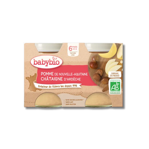 Pomme de Nouvelle-Aquitaine ChĂątaigne d'ArdĂšche 6 mois 2x130g Babybio - Blossom Care