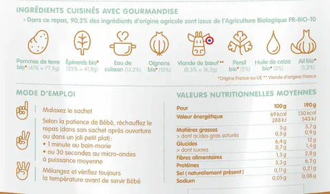Mon écrasé de pommes de terre - épinard et bœuf 9 mois 190g Happylal Baby