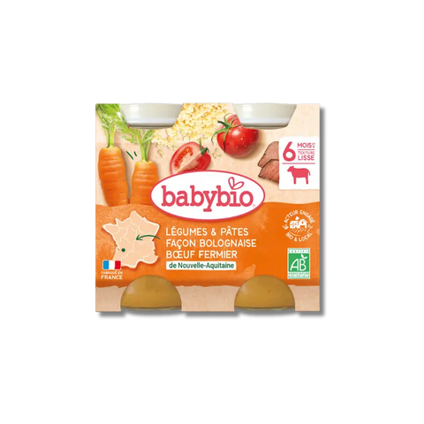 Légumes Pâtes façon bolognaise au Boeuf fermier de Nouvelle-Aquitaine 6 mois 2x200g Babybio - Blossom Care