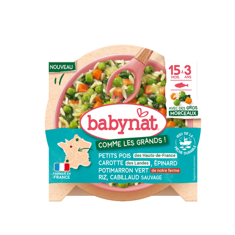 Petits pois Carotte Epinard Potimarron Vert de notre ferme Riz Cabillaud sauvage - gros morceaux 15 mois à 3 ans 200g Babynat