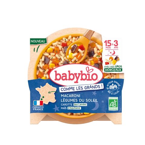 Macaroni & Légumes du soleil Carotte Maïs - Avec des gros morceaux 15 mois à 3 ans 200g Babybio