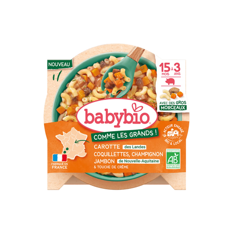 Carotte Coquillettes Champignon Jambon & touche de crème - Avec des gros morceaux 15 mois à 3 ans 200g Babybio