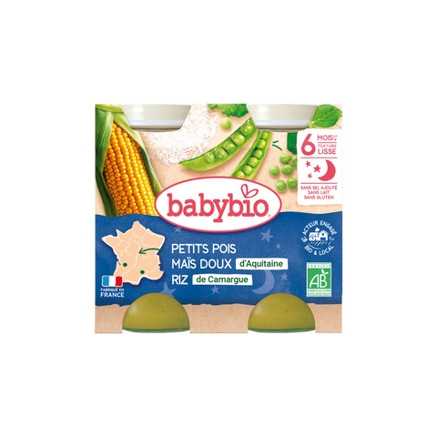 Bonne Nuit Petits pois Mais doux d'Aquitaine Riz de Camargue 6 mois 2x200 g Babybio