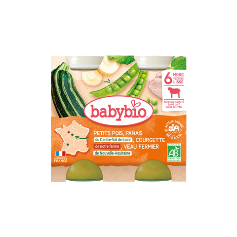 Petits pois Panais du Centre-Val de Loire Courgette de notre Ferme Veau fermier de Nouvelle-Aquitaine 6 mois 2x200 g Babybio - Blossom Care