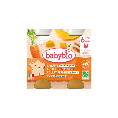 Carotte de nos régions Courge de notre Ferme Poulet fermier du Poitou Riz de Camargue 6 mois 2x200 g Babybio - Blossom Care