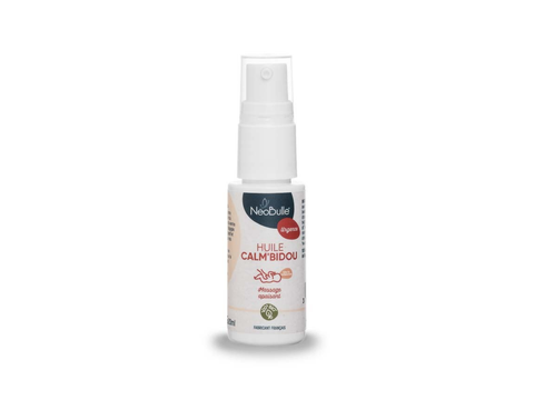 Huile Calm'bidou Néobulle de 20 ml, flacon avec compte-gouttes, huile apaisante pour bébé, dans un flacon transparent.