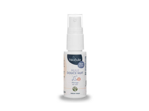Huile Douce Nuit Néobulle en flacon de 20 ml, huile relaxante pour bébé, parfum apaisant et texture douce.