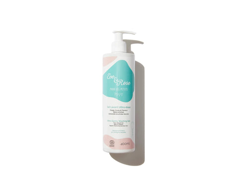 Gel lavant bébé Eve & Rose ultra doux 400 ml dans un flacon transparent avec bouchon, destiné au bain et à la douche.