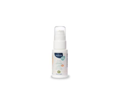 Liniment Néobulle de 200ml pour change, flacon blanc avec étiquette, destiné à la peau sensible des bébés.