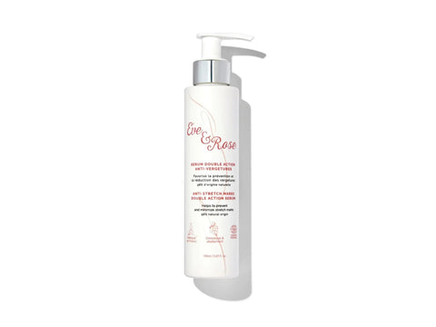 Sérum Eve & Rose anti-vergetures visage et corps, double action, flacon de 150 ml avec application douce.