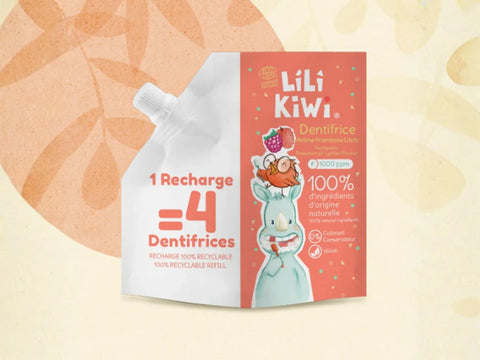 Recharge dentifrice LiliKiwi à la framboise et litchi, pour renforcer et protéger l'émail, pour visage et corps.