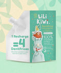 Recharge de dentifrice pomme-poire LiliKiwi pour visage et corps, renforce et protège l’émail, emballage recyclable.