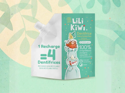Recharge de dentifrice pomme-poire LiliKiwi pour visage et corps, renforce et protège l’émail, emballage recyclable.