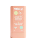 Stick solaire SPF 50 pour visage et lèvres Monjour, peau sensible dès 6 mois, avec haute protection solaire.
