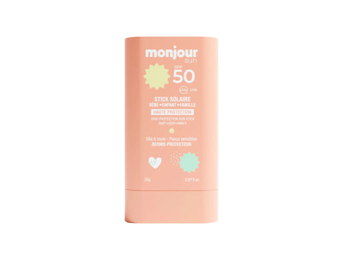 Stick solaire SPF 50 pour visage et lèvres Monjour, peau sensible dès 6 mois, avec haute protection solaire.