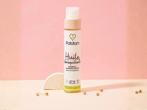 Huile démaquillante jojoba et amande douce pour visage et corps, texture fluide et nourrissante, Pototam.