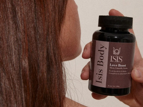 Complément alimentaire Love Boost Libido par Isis Superfood, flacon avec capsules d'ingrédients naturels, vue de face.