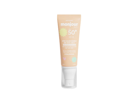 Spray solaire SPF 50+ Monjour pour visage et corps, solaire bébé et enfant, application facile, protection UV élevée.